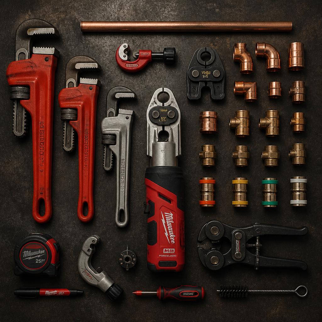 Professional plumbing tools and copper fittings laid out on a workbench